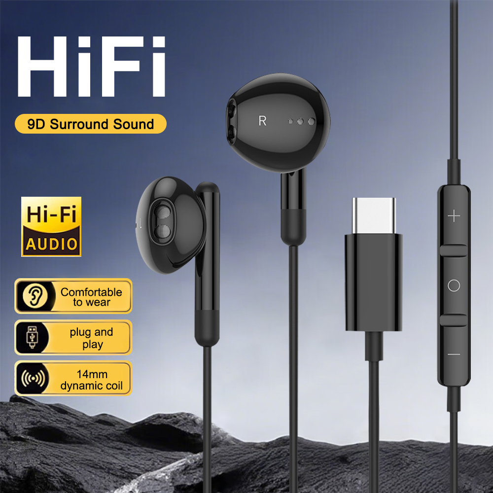 Type C Wired Earphones With Mic - USB C有線ヘッドホン HiFiステレオ ボリュームコントロール イヤホン 3.5mm
