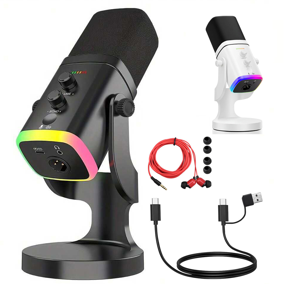 Gaming Headset With Mic Rgb - USB/XLRダイナミックマイク（ゲームストリーミング用） | RGBライト付きポッドキャストマイク、ミュートボタン、ヘッドフォンジャック、デスクトップスタンド
