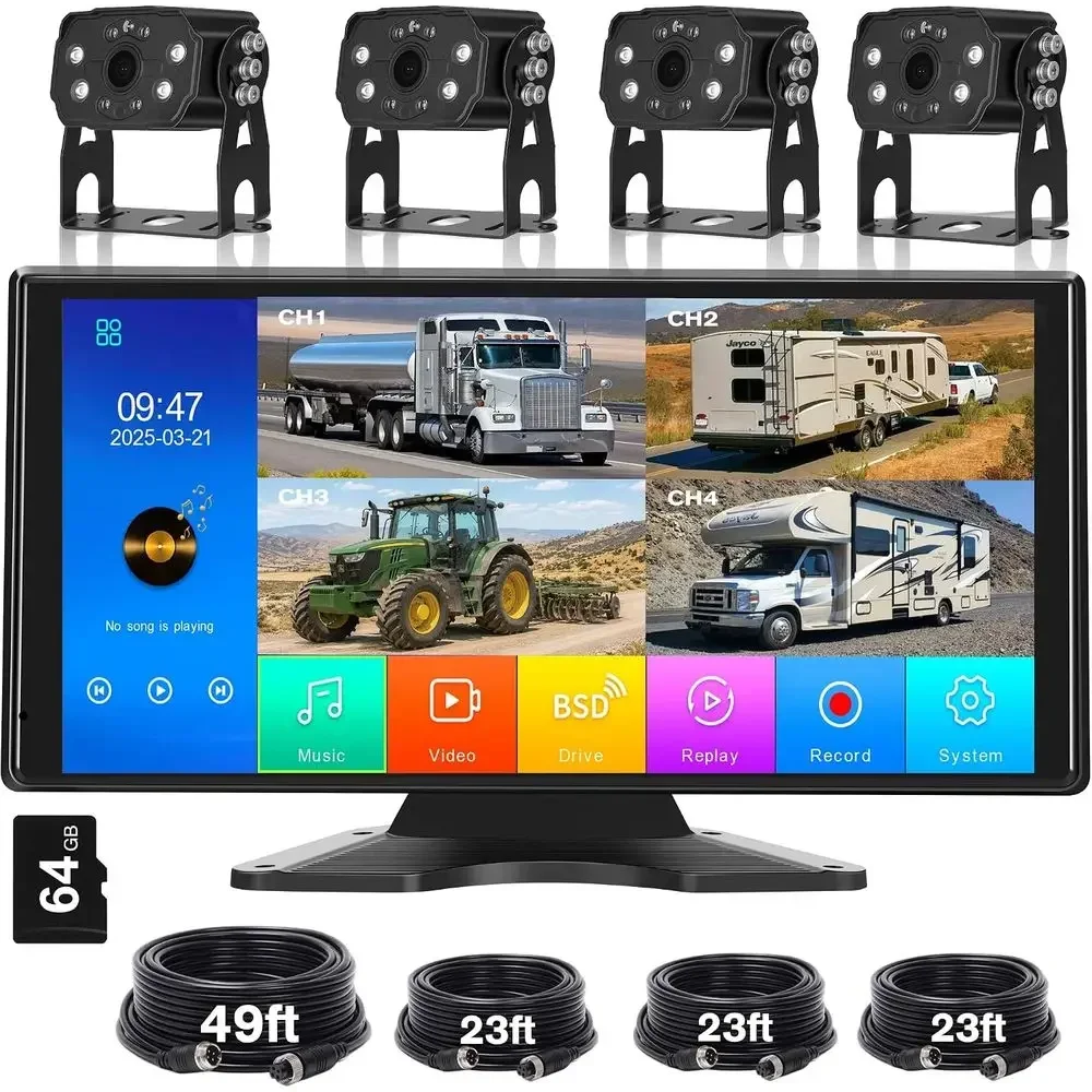 Cameras - トラックRVバックアップカメラシステム、10.36インチタッチスクリーンモニター（DVRループ録画機能付き）、スマートBSDアラート、4つのHD 1080P IP69防水カメラ