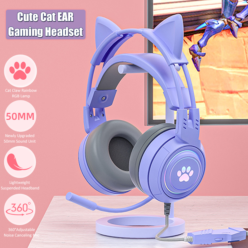 Gaming Headset With Mic Rgb - マイク付きのかわいい猫の耳のゲーミングヘッドフォン,RGBのノイズリダクション,ピンクの女の子用ヘッドセット,ゲーマー,PS4用アクセサリー,Xbox,電話,PC,子供向けギフト